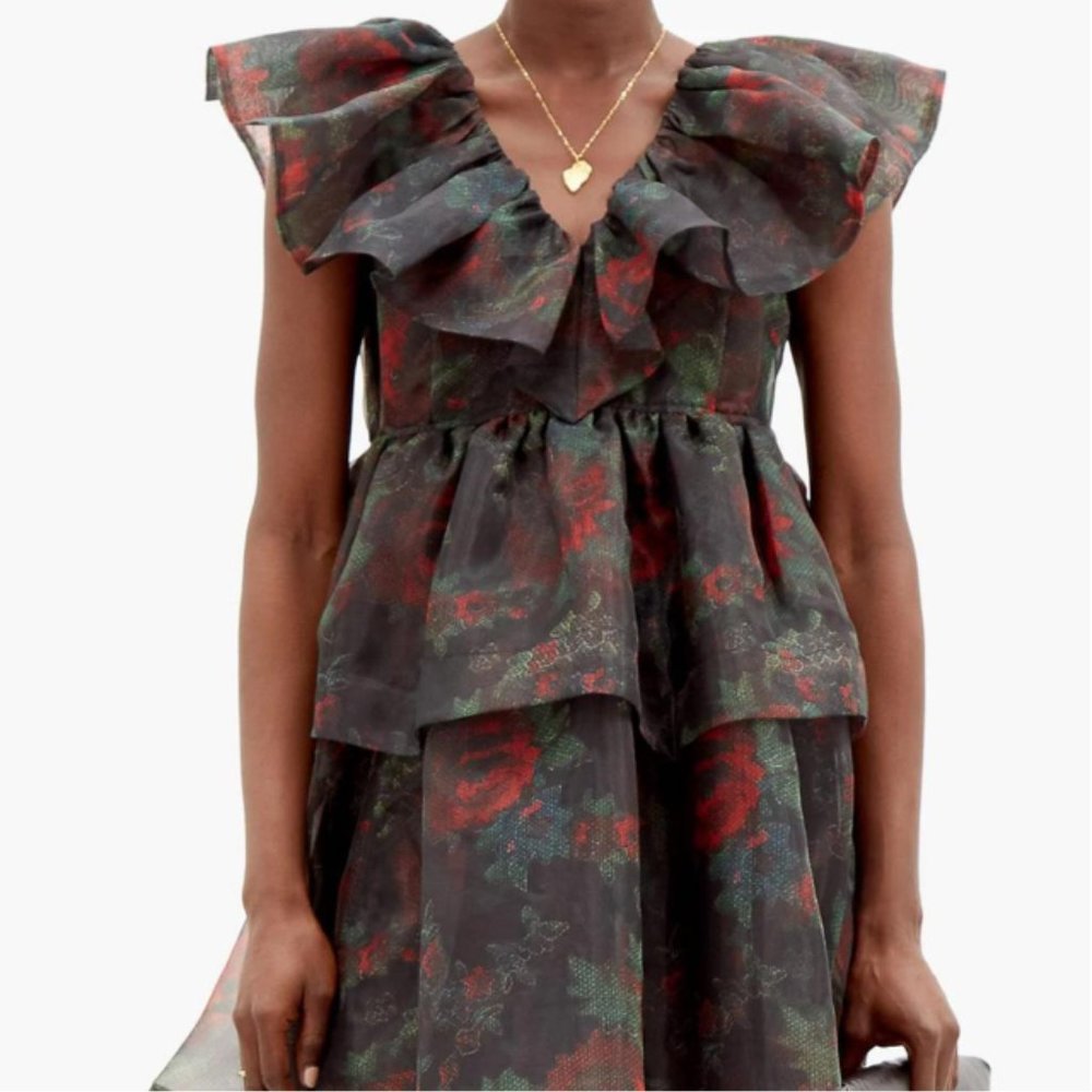 Tiered Rose-Print Organza Dress - Black Red | Size: M | US 6 | UK36 - Picture 3 of 11